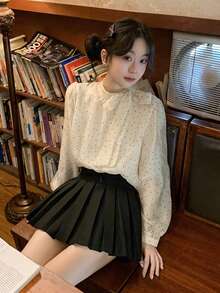 女士甜美法式波点雪纺衬衫，带蝴蝶结侧肩带，通勤休闲装，夏季 - 杏色 - 查看 5