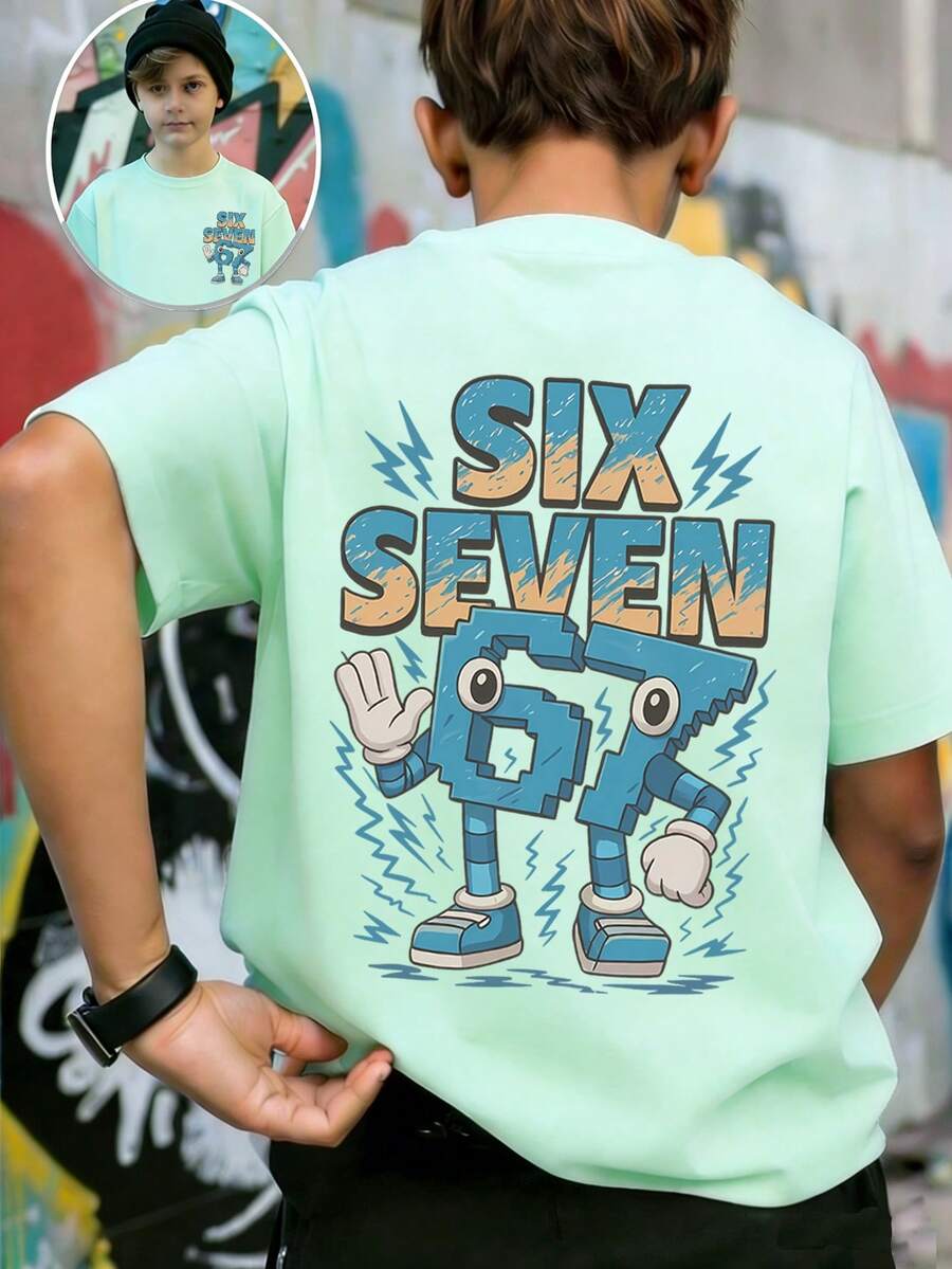 青少年男孩“意大利脑腐烂搞笑数字67”图案印花T恤，时尚男童夏季短袖T恤，适合日常穿着、上学和街头服饰。 - 薄荷綠 - 查看 1