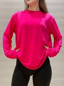 Small Shoulder Drop Long-Sleeve T-Shirt Solid Color Black Loose Casual - Màu Hồng Tươi - Xem 2