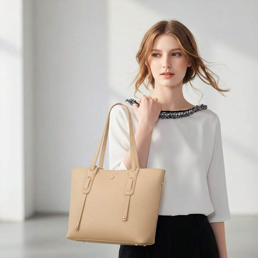 Women's Large Tote Bag, Elegant, Structured, Luxury, Minimalist, Long Shoulder Strap, Modern, Spacious, Fashionable, Casual, Chic, Executive, Work, College, Everyday Use, Textured, Durable, Versatile, Classic, Sophisticated, Large Capacity, Urban Style, Comfortable, Premium - 杏色 - 查看 1