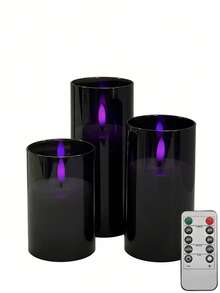 3pcs Flameless Black Candles With Remote Control & Timer, Battery-Powered Flickering LED Candles With Purple Lighting, Suitable For Wedding, Party, Home & Holiday Decor - Black Purple Light - View 7