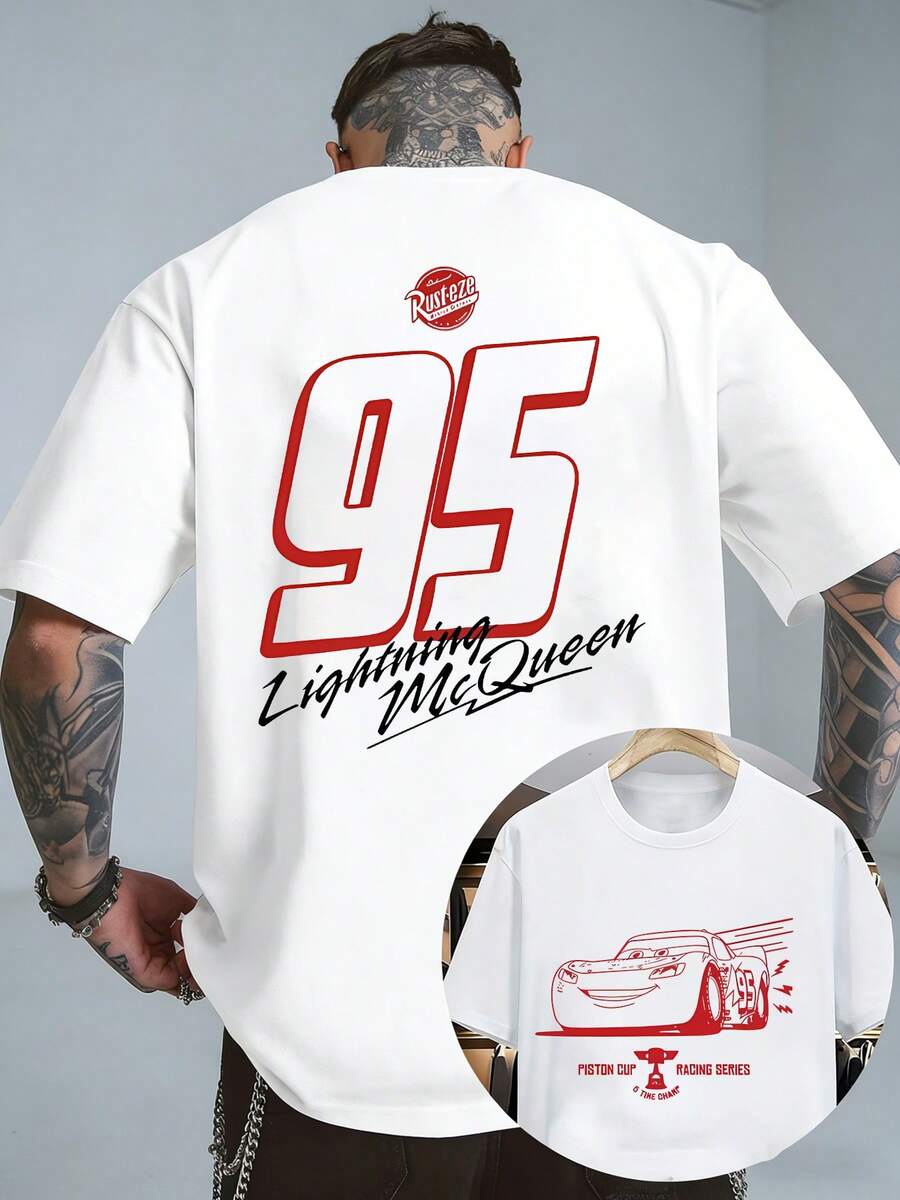 Disney A Men'S T-Shirt Featuring The Lightning Mcqueen Racing Number 95 Design. This Short-Sleeve, Round-Neck Tee Is Casual And Comfortable, Breathable And Lightweight, Perfect For Sports And Leisure Wear. It Has A Loose Fit - 白色 - 查看 1