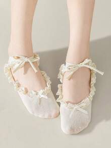 1 Pair White Ballet Socks For Women, Lace Bow Tie Ankle Socks, Mori Girl Style - White - View 1