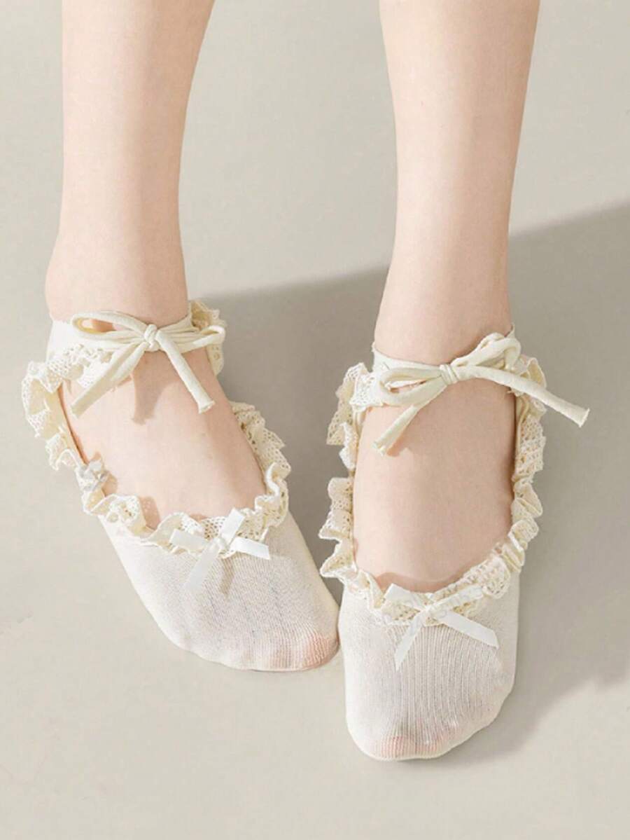 1 Pair White Ballet Socks For Women, Lace Bow Tie Ankle Socks, Mori Girl Style - White - View 1