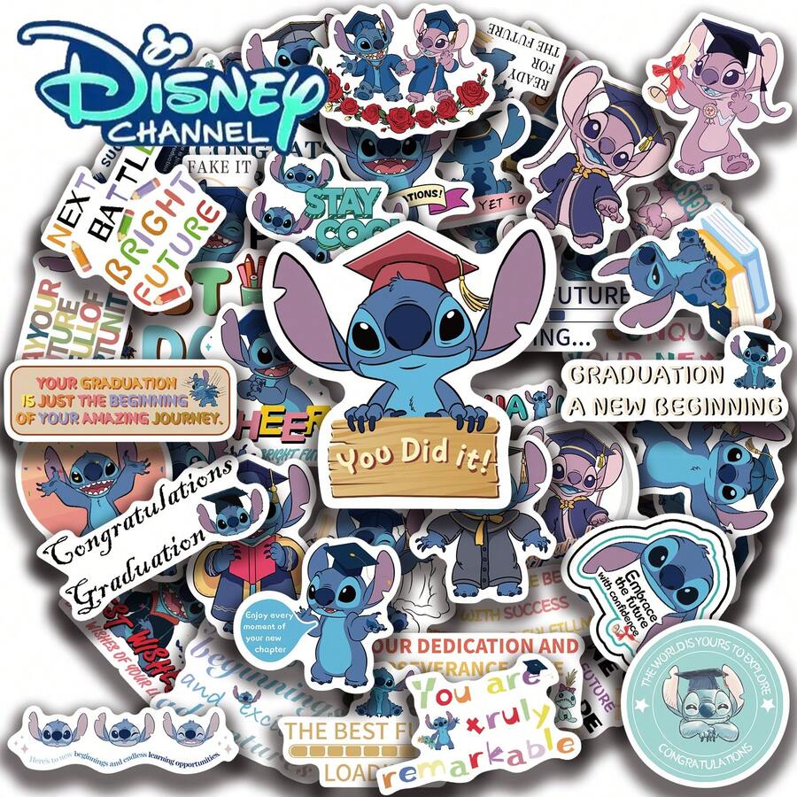 Disney 50pcs Stitch Graduation Season Stickers, Creative Graffiti Stickers, Office Supplies, Mobile Phone & Computer Stickers, High-Value, Exquisite, Cool Stickers, Fun, Classic, Colorful Cartoon Design, Gift Decoration, Phone Case Decoration Stickers, Reusable, Colorful Cartoon Design, Suitable For Water Bottles, Skateboards, Mobile Phones, Etc., Perfect For School Supplies, A Top Gift For The Holidays. - 50pcs - View 1