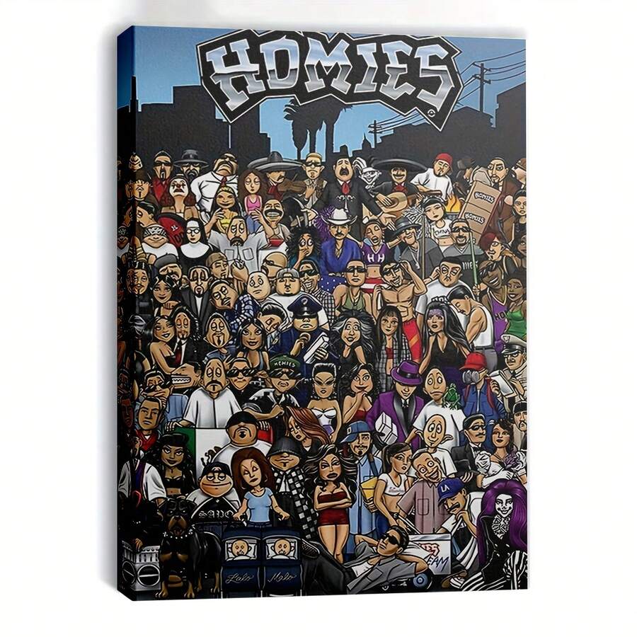1pc Framed Homies Family Cartoon Canvas Wall Art - Vibrant Urban Street Style Group Portrait Poster For Home & Bedroom Decor, Modern Cartoon-Style Characters, Perfect For Living Room Or Bedroom, Wall Decor - Framed - View 1