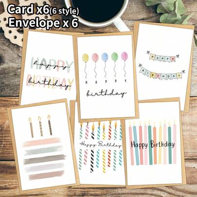 6pcs Watercolor Birthday Cards With Envelopes - Cute Cartoon Candles & Balloons Designs, Colorful Birthday Celebration Cards, Blank Greeting Cards, Birthday Gift For Friends, Family & Colleagues