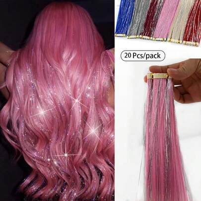 全新升级版 20 片迷你胶带式合成接发，24 英寸闪亮直发，隐形彩色胶带接发，适合狂欢节派对节日礼物