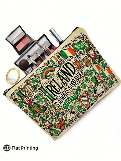 爱尔兰主题化妆包和旅行洗漱包 - 精灵和三叶草印花化妆品收纳包，8.6 英寸 x 6 英寸（22 x 15 厘米），耐用的爱尔兰设计，圣帕特里克节或圣诞节爱尔兰主题礼物，可重复使用的洗漱包，2D 平面设计。