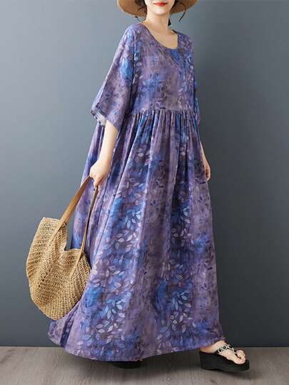 Đầm hè nữ mới năm 2026, đầm đi biển phong cách bohemian thường ngày, đầm màu tím thường ngày, đầm dài chữ A cỡ lớn in họa tiết hoa oải hương dành cho phụ nữ trung niên và lớn tuổi, tay ngắn cánh dơi có túi, cổ tròn, chất liệu vải dệt.