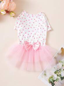 Hunde-Kleid mit Herz-Muster, Kurzarm, mit Schleife und Tüllrock, Alltagskleidung für Welpen, Haar-abweisend - Pink - Übersicht 13