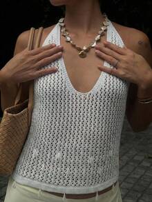 Women's Minimalist Elegant Knit Top, Casual Chic Style, Spring/Summer - White - View 6