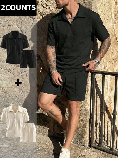 Men's Casual Commuting Homewear Solid Color Versatile Sports Breathable Rhombus Pattern 2-Piece Set