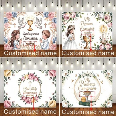 Customizable Name First Communion Baptism Backdrop Pink Floral Daisy Cross Bible Gold Chalice Candle Cross Pattern Decor Suitable For Weddings, Birthdays, Baby Showers, And Other Party Backdrop Decor Photography Banners Vinyl