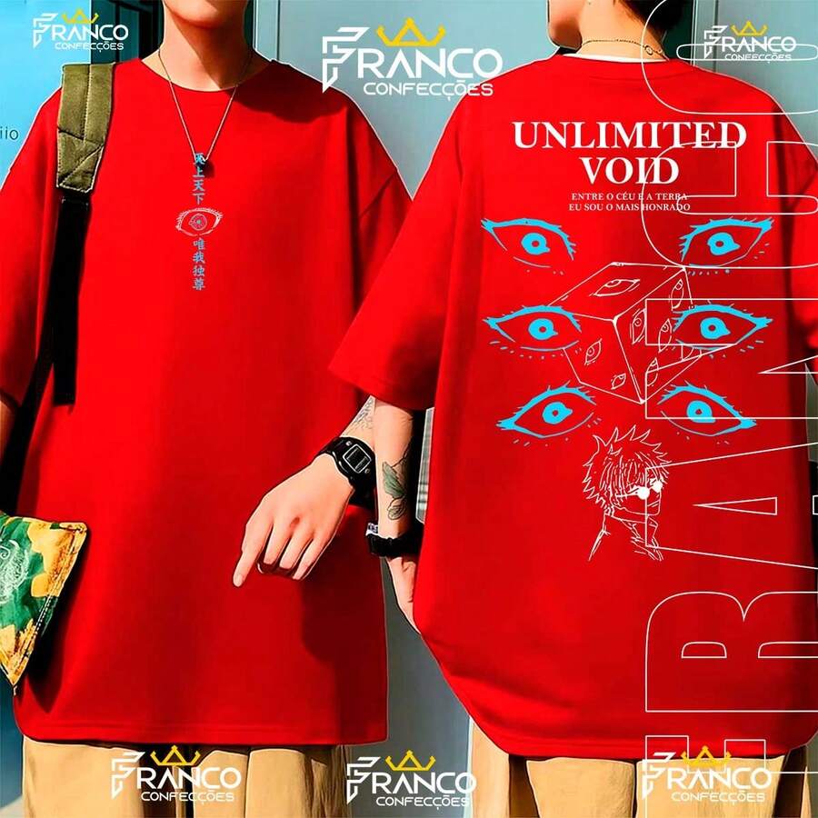 Oversized Anime T-Shirt Satoru 6 Eyes Infinity Gojo Sorcerer Unisex Shirt 100% Cotton - 紅色 - 查看 1