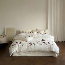 Set de lenjerie de pat 3 bucăți din material textil creț, moale și confortabil (1 husă de pilotă + 2 fețe de pernă, umplutura nu este inclusă), model brodat floral, potrivit pentru dormitor, cameră de oaspeți, băieți și fete, lavabil la mașină - Mov Mov - Vizualizare 4