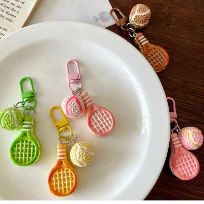 2D Flat Cute Resin Combination Tennis & Racket Keychain, Couples/Best Friends/Students Graduation Gift, Bag Charm