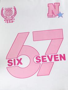 2pcs/Set Girls Casual Sports Chic American College Style Classic Side Stripe Number 67 Letter Print Loose Comfortable Raglan Sleeve T-Shirt And Shorts Set, Spring/Summer - Pink - View 4