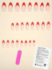 24片中号杏仁形珍珠色法式美甲贴片，优雅迷人的酒红色珍珠法式美甲贴片，奢华红色条纹法式美甲贴片，闪亮珍珠色法式美甲贴片，全覆盖假指甲，适合女性和女孩，包含1片粘性贴纸和1个迷你指甲锉，随机发货 - 紅色 - 查看 2