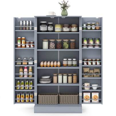  COSTWAY Buffet Cupboards Sideboard, Pantry Cabinet W/Adjustable Shelves & Anti-Tipping Devices, 12 Side Shelves, Wide Countertop, Storage Cabinet For Kitchen, Living Room, 60 X 40 X 120.5cm (L X W X H), Grey