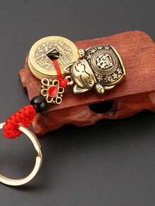 1pc Pure Handmade Brass Antique Chinese Coin Car Keychain Lucky Cat Five Emperors Money Keychain Feng Shui Coins Solid Key Rings Lucky Cat Keychain With 5 Lucky Coins, Delicate & Cute, Perfect Gift - Multicolor - View 7