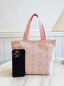 Túi đựng cơm trưa cách nhiệt di động; Túi đựng cơm trưa dày dặn họa tiết trái cây dễ thương dành cho học sinh; Túi đựng cơm trưa hình trái tim thắt nơ. - Hồng - Xem 2