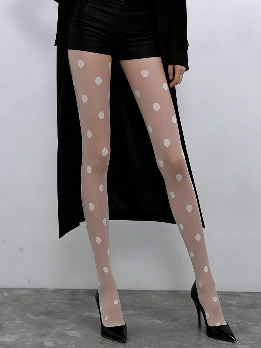 Leggings de mujer con estampado de lunares grandes blancos - Estilo elástico de lunares gruesos, leggings de moda diaria retro y lindos - Blanco - Ver 1