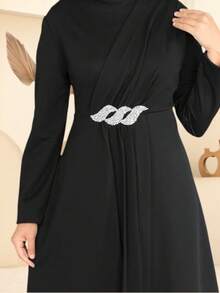 GDfashion 女士黑色两件套：垂褶上衣配水钻搭扣阔腿裤，伊斯兰风格正式春季套装 - 黑色 - 查看 5