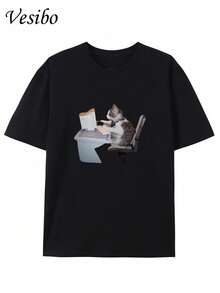 [Camiseta de Gato 100% Algodón] Camiseta con Gráfico Divertido de Gato 100% Algodón| Camiseta de manga corta de corte regular para adultos, lavable a máquina, atuendo informal, camiseta con humor de oficina, ajuste cómodo, camiseta con estampado de gato, camiseta casual de verano de 220 g/m² con cuello acanalado. - Negro - Ver 1