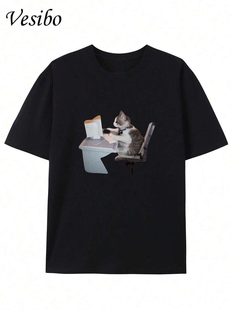 [Camiseta de Gato 100% Algodón] Camiseta con Gráfico Divertido de Gato 100% Algodón| Camiseta de manga corta de corte regular para adultos, lavable a máquina, atuendo informal, camiseta con humor de oficina, ajuste cómodo, camiseta con estampado de gato, camiseta casual de verano de 220 g/m² con cuello acanalado. - Negro - Ver 1