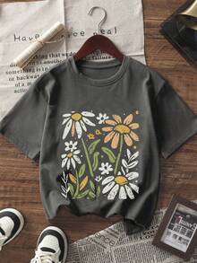 3pcs/Set Tween Girls Floral Print Short Sleeve T-Shirts, Suitable For Tween GirlsSummer Tops, Young Student Clothing - Multicolor - View 5