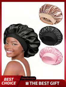 1件装丝绸睡帽套装 - 柔软弹力缎面睡帽（黑色和金色），温和的睡帽，保护头发并控制毛躁。 - 均碼 - 查看 6