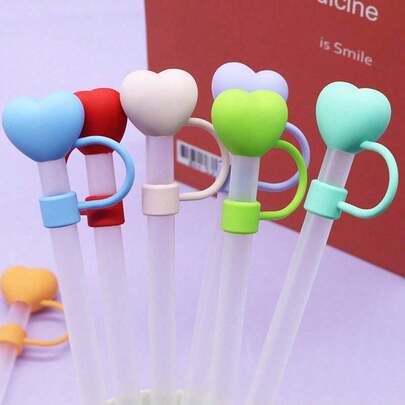 5pcs 10mm Large Diameter Heart Shaped Straw Caps, Soft Silicone Heart Straw Plugs, Compact Straw Covers