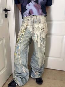 Gengyuan'S Features American Straight-Leg Jeans With AC Style, The Annual King Of Denim, 3D Illusion Print, Chain Pendant, Wash, And Vintage Long Pants - 風格 - 查看 2