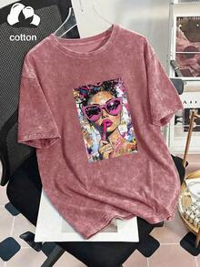 Women's Casual Retro Pop Art Girl Print Washed Round Neck Short Sleeve T-Shirt, Suitable For Spring, Summer And Autumn - Hot Pink - View 3