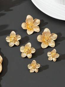 3对时尚优雅的金色纹理金属五瓣花耳环，百搭耳环套装，适合成年女性的礼物 - 金黃色 - 查看 4