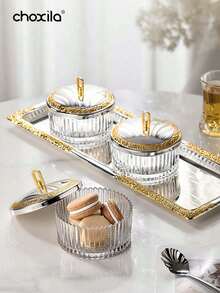 choxila 1pc Striped Glass Bowl With Gold Lid, Suitable For Nuts, Yogurt, Ice Cream, Jewelry Storage, Decor, Dining, Home, Restaurant, Ramadan - Bowl - View 7