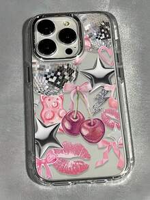 1个粉色樱桃唇纹拼接图案电镀透明全包覆防震时尚手机壳，兼容 11/12/13/14/15/16/17 Pro Max/7/8/XS/XR，男女通用 - 彩色 - 查看 1