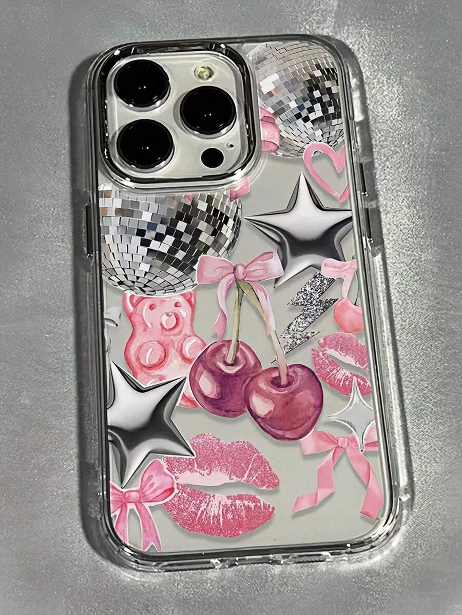 1个粉色樱桃唇纹拼接图案电镀透明全包覆防震时尚手机壳，兼容 11/12/13/14/15/16/17 Pro Max/7/8/XS/XR，男女通用 - 彩色 - 查看 1