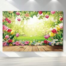 1 pieza Fondo fotográfico floral primaveral vibrante, racimo de tulipanes rosas y flores mixtas, piso de madera, poliéster, ideal para Pascua, fiestas de cumpleaños y baby showers, autoadhesivo multipropósito - 1 - Ver 7