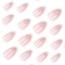 French Tip Press On Nails Short Almond Fake Nails Nude Pink And Gold White Nail Tips Design Full Cover Acrylic False Nails Autumn Stick On Nails For Women Girls Daily Wear Nails 24Pcs - 彩色 - 查看 4
