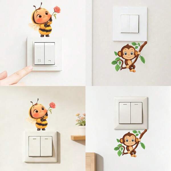 1/2 piezas Pegatinas lindas de interruptor de luz con diseños de animales - abeja sosteniendo una rosa, mono en una rama - Vinilos decorativos para sala de estar, dormitorio, decoración interior del hogar, autoadhesivos y removibles