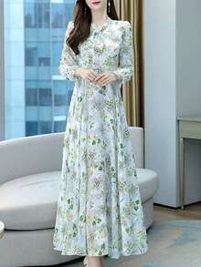 Women's Floral Print Dress - Long Sleeve Waist Cinched Slim Fit, Spring Autumn Fairy Elegant Vacation Midi Dress, Arabic Elegant Style, All Season Daily Wear - 白色 - 查看 7