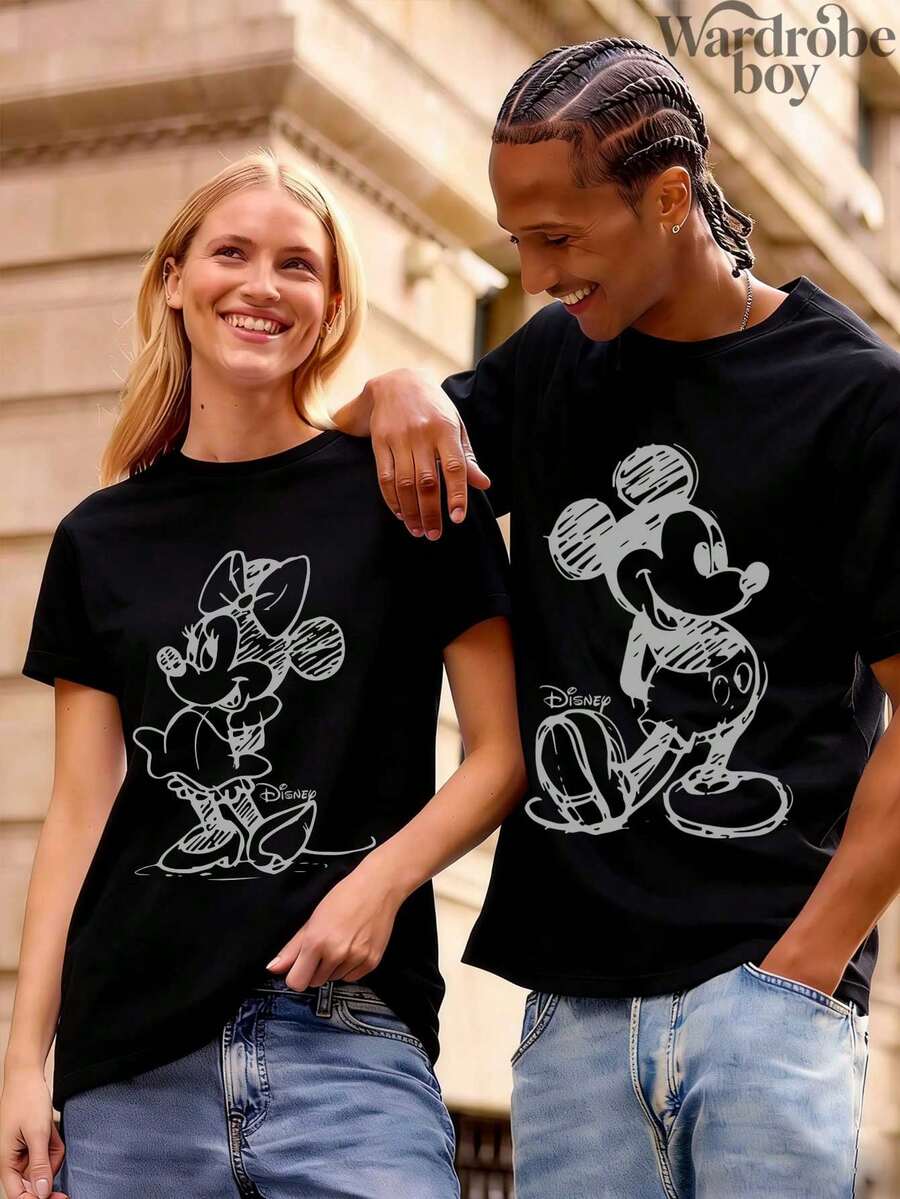 1PC Disney Printed T-Shirt,Mickey And Minnie Couple Matching Printed Outfits T-Shirt,Unisex,High-Quality Pure Cotton T-Shirt,Suitable For All Seasons, Comfortable And Breathable| Exquisite Design | The Best Choice For Giving Gifts - 女款黑色 - 查看 1