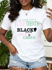 Women T Shirt Celebrating Juneteenth Mixed With Pink And Green Print Round Neck Casual Summer Top Gift Idea AKA Sorority 220g - 白色 - 查看 1