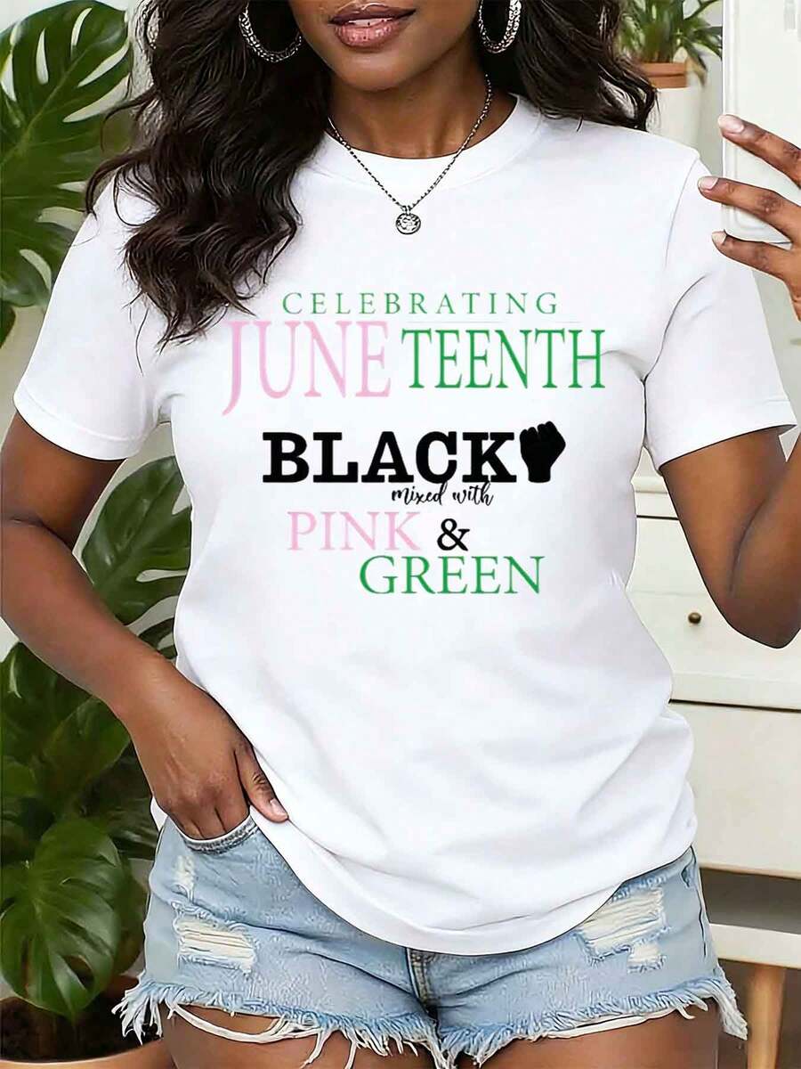 Women T Shirt Celebrating Juneteenth Mixed With Pink And Green Print Round Neck Casual Summer Top Gift Idea AKA Sorority 220g - 白色 - 查看 1