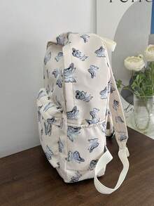 1 pieza Mochila de mujer de gran capacidad con estampado de mariposa, mochila escolar clásica, bolso versátil para ir al trabajo con múltiples bolsillos - Beis - Ver 8
