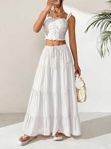 Women Casual Elastic High Waist Drawstring Pleated Layered Flowy Long Skirt Summer Boho Beach Vacation Holiday Going Out Valentine Maxi Skirt Outfits - 白色 - 查看 4