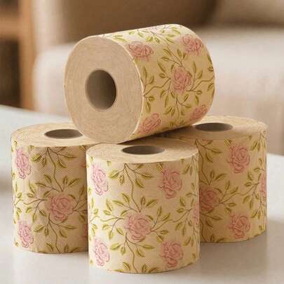1 Roll Rose Pattern Decorative Toilet Paper, Holiday Handkerchief Paper, Suitable For Home, Office, Bathroom, Travel, Creative European Style Toilet Paper, Rose Pattern Bamboo Pulp Toilet Paper Roll