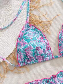 Bikini de dos piezas con volantes de encaje floral lindo para mujer, adecuado para vacaciones de verano en la isla, natación y playa - Multicolor - Ver 4